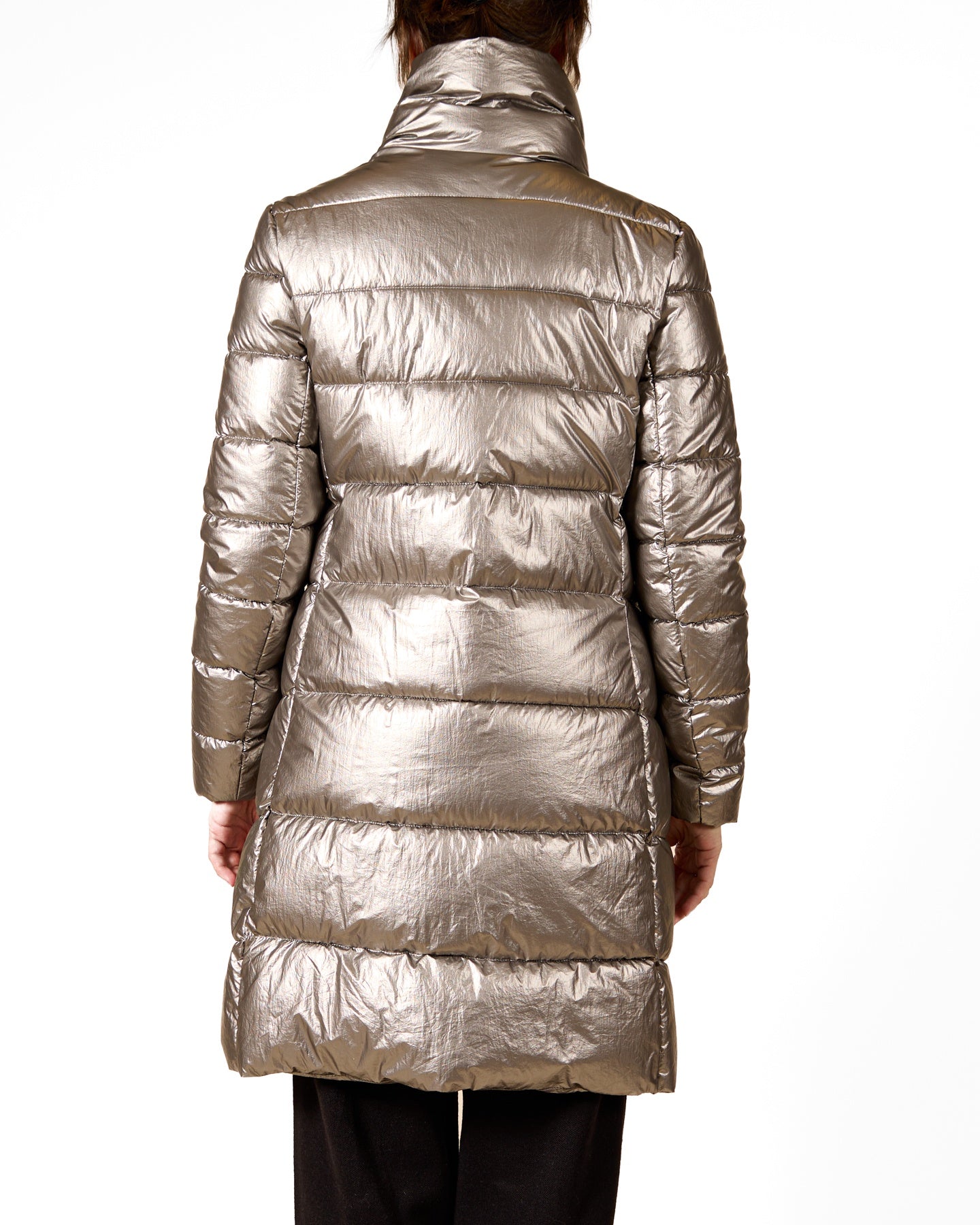 Silver Hooded Long Puffer Jacket with Front Pouch