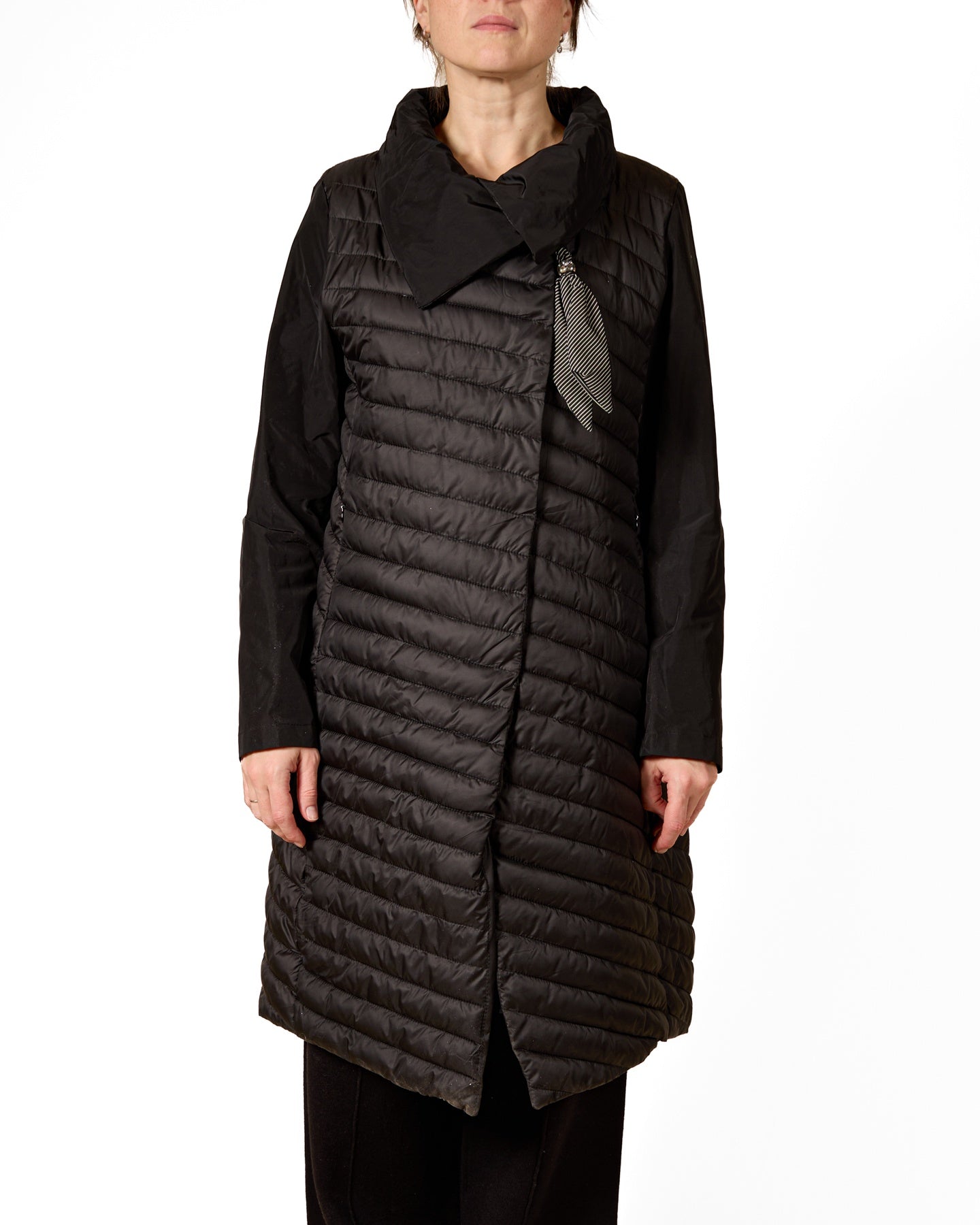 Ebony Quilted Long Vest with Folded Collar and Tie Detail