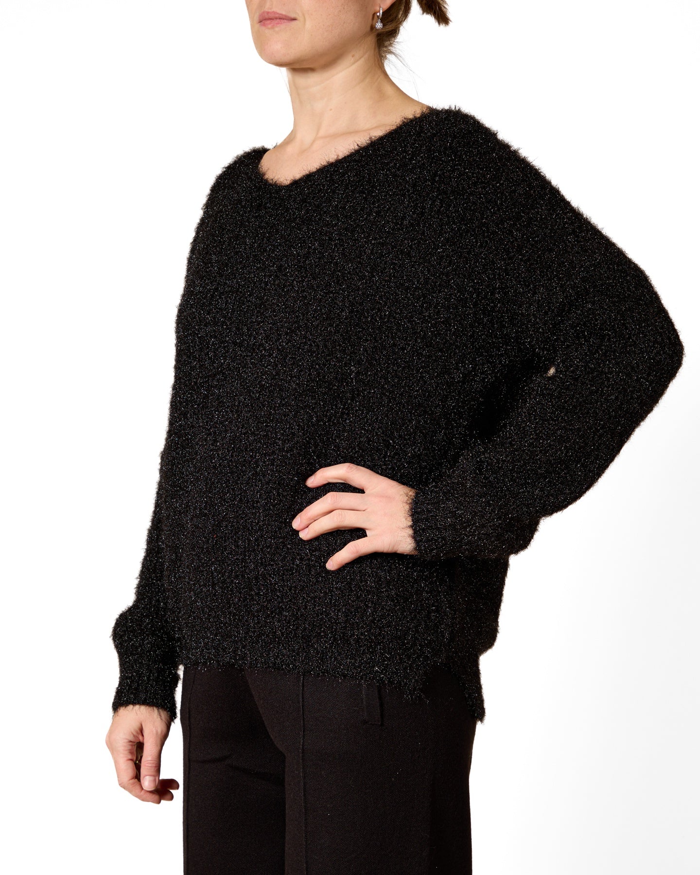 Ebony V-NECK Novelty Cut Out Stripe Back Detail FUZZY Sweater