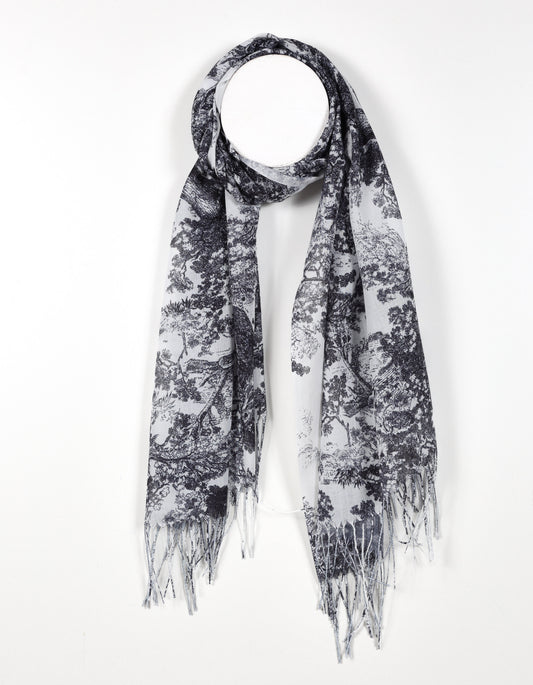 Soft Toile de Jouy Print Scarf in Black