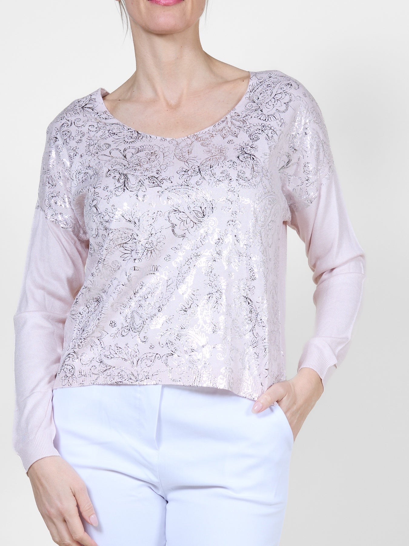 Carnation Long Sleeve V Scoop Neck Foil Front Pullover