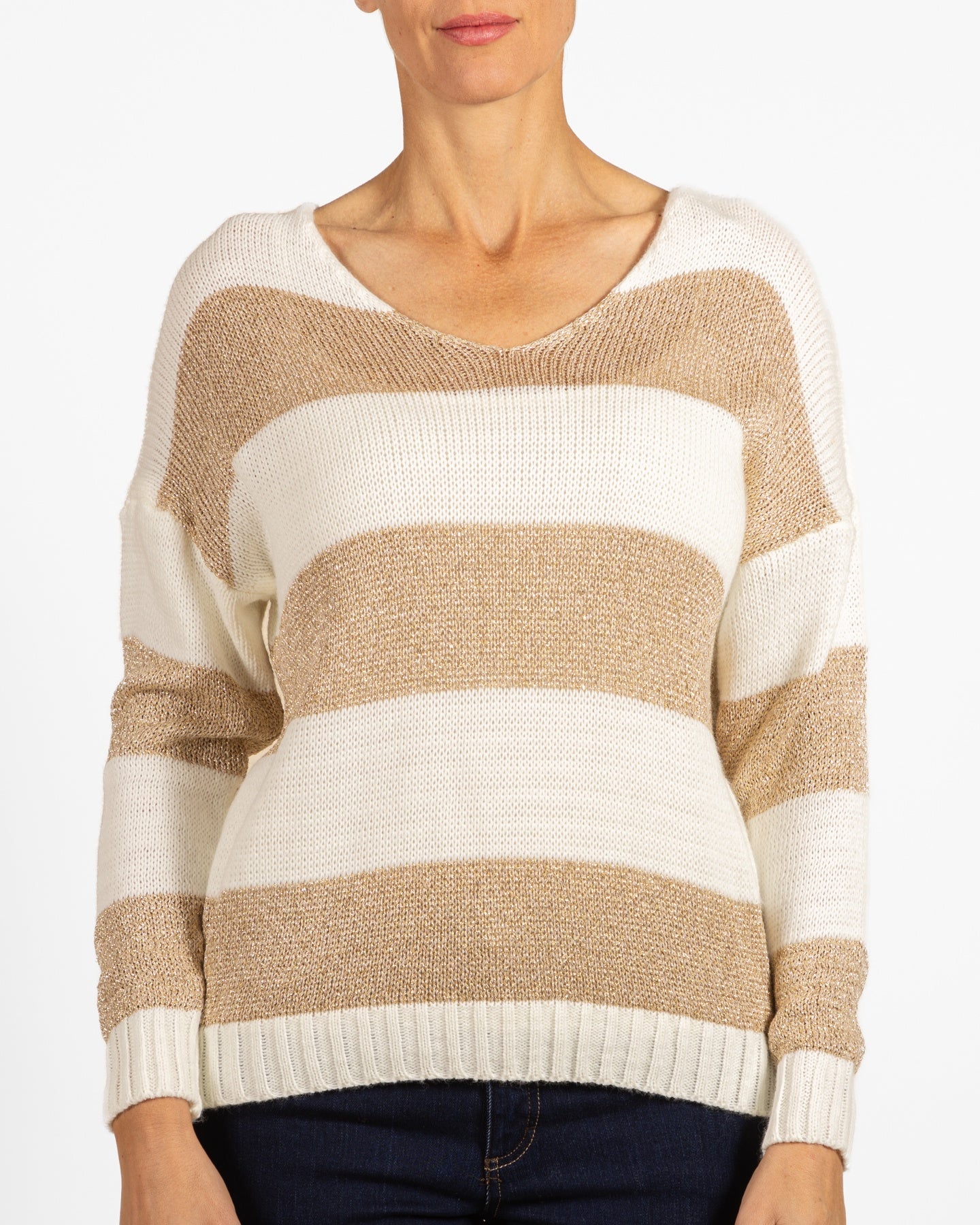 Snow V Neck Gold Lurex Combo Drop Shoulder Stripe Sweater