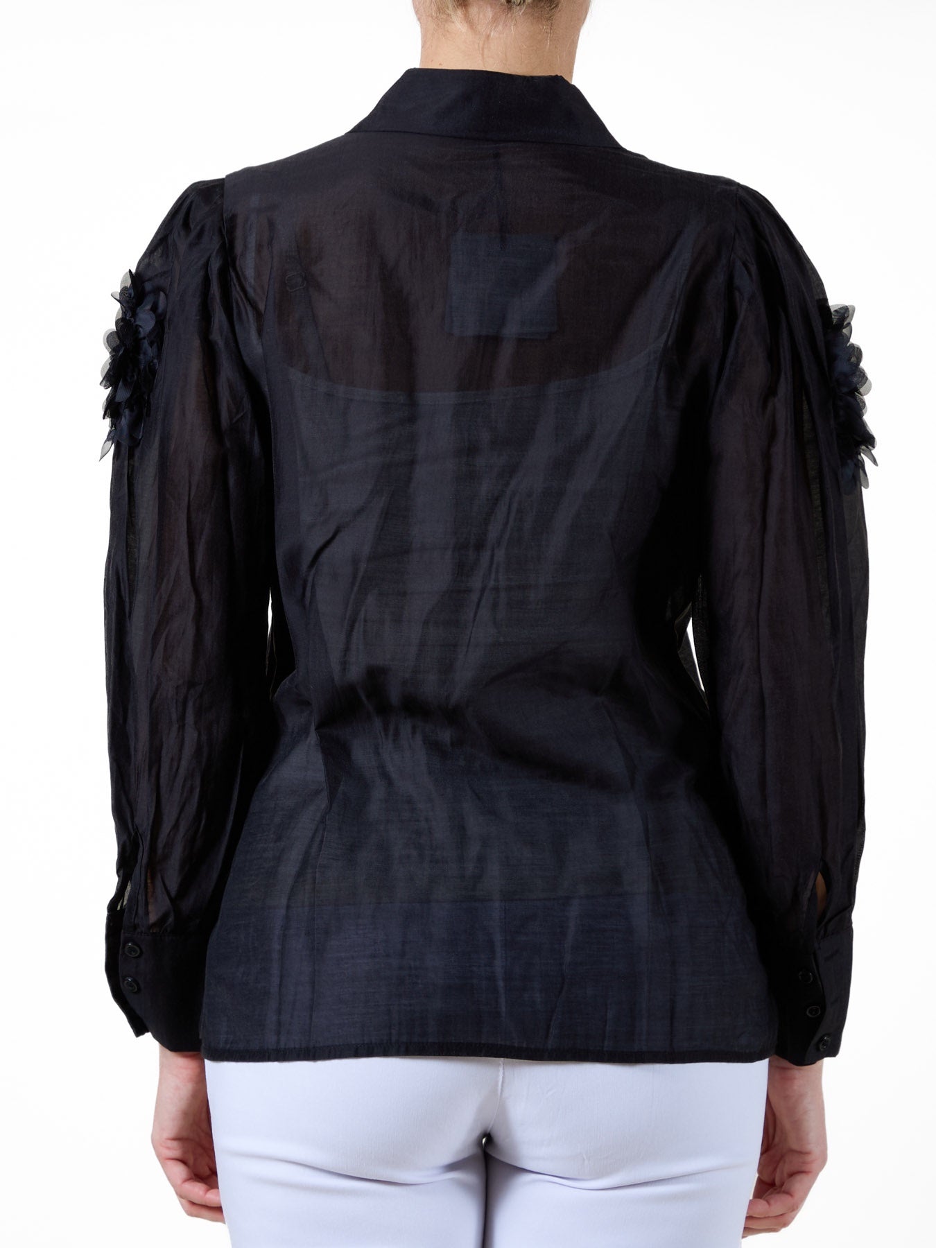 Black Button-Up Blouse with Fabric Flower Detailing