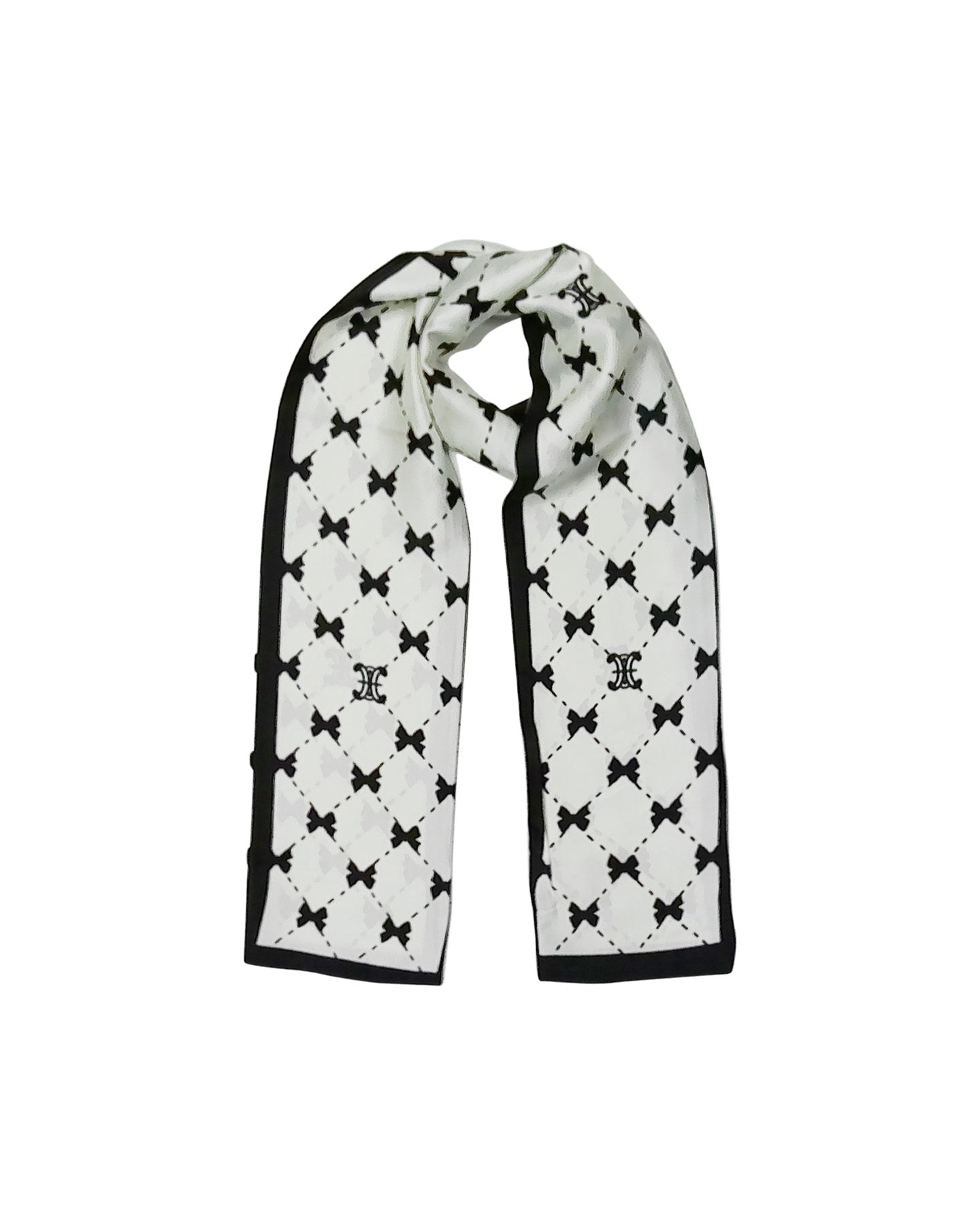 White and Black Narrow Scarf with Bow Motif