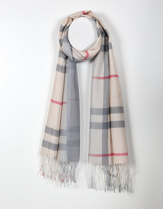 Lightweight House Check Plaid Scarf in Beige