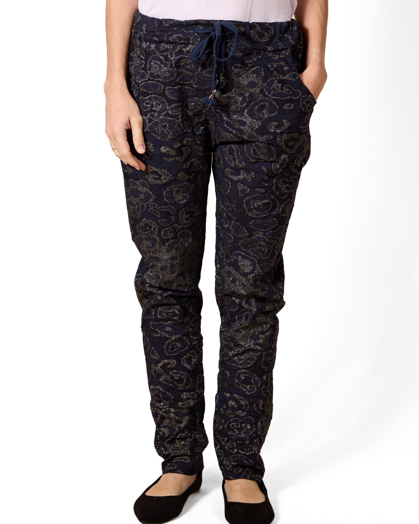 Sapphire Pull on Drawstring 4 Pocket Lurex Leopard Pant