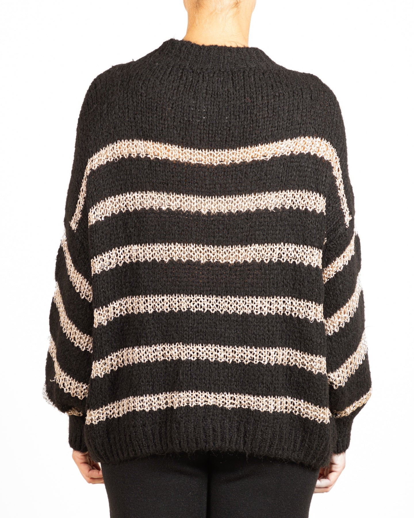 Black Drop Shoulder Lurex Crochet Stripe Sweater