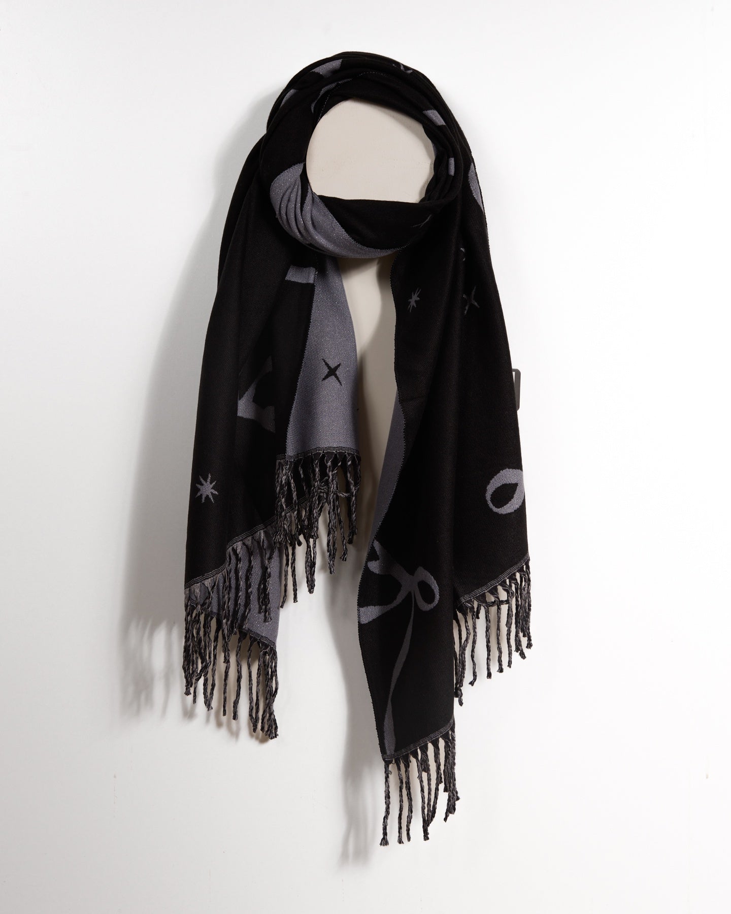 Grey Combo Scarf with Artistic Ribbon Designs and Bold Fringes