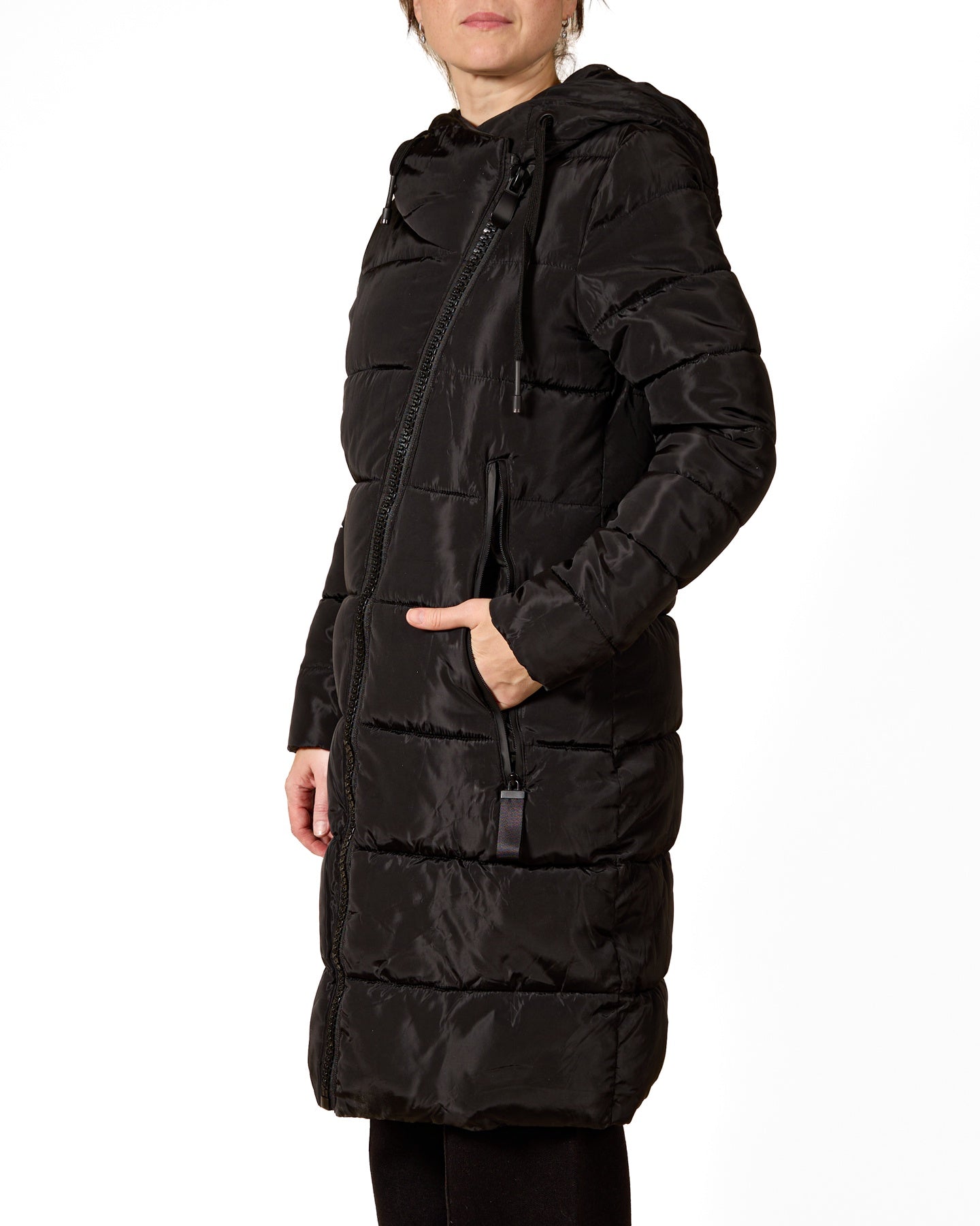 Manteau matelassé long noir avec fermeture éclair asymétrique Ébène