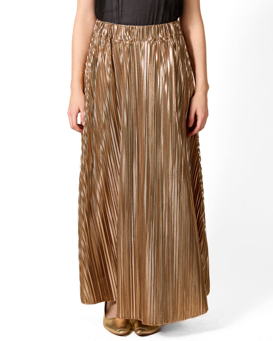 Gold Pull On Pleated Lamé Flare Skirt