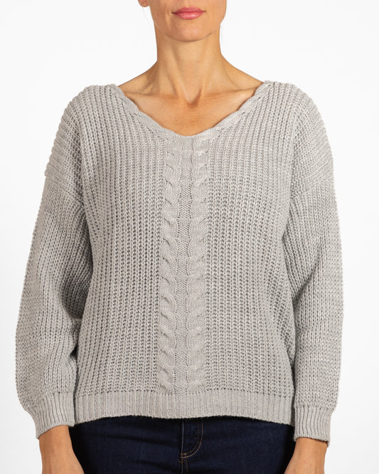 Grey Melange V-Neck Cable Knit Rib Combo Sweater