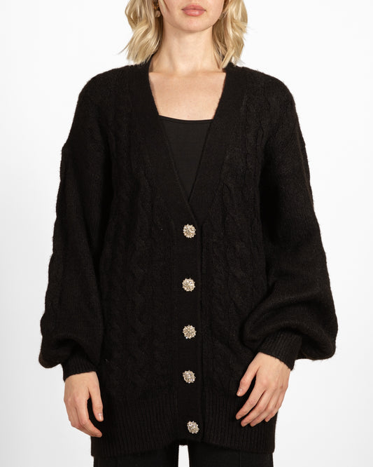 Black Drop Shoulder Cable Knit Rhinestone Button Cardigan