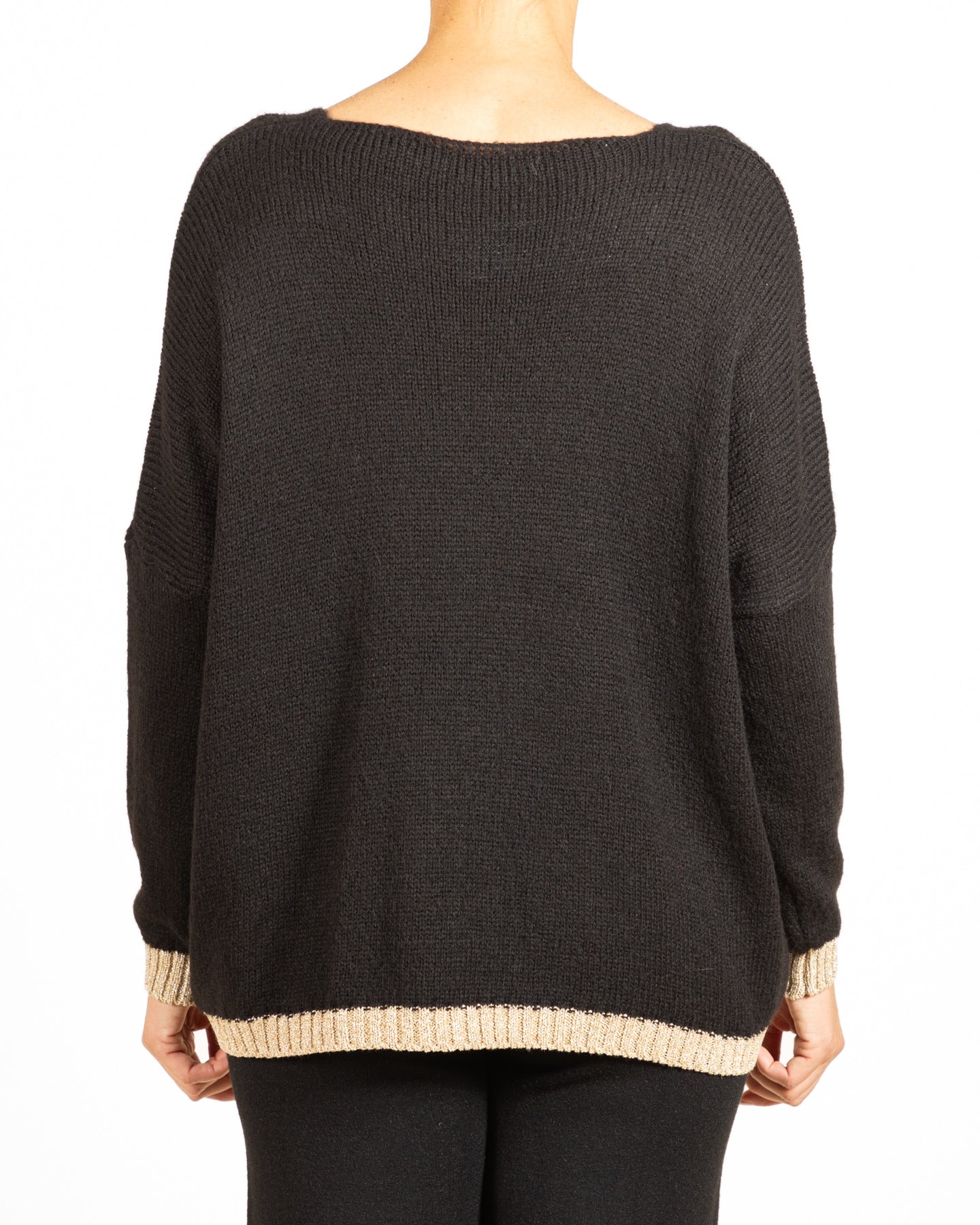 Black V Neck Drop Shoulder Hi Low W/ Gold Lurex Trim Sweater