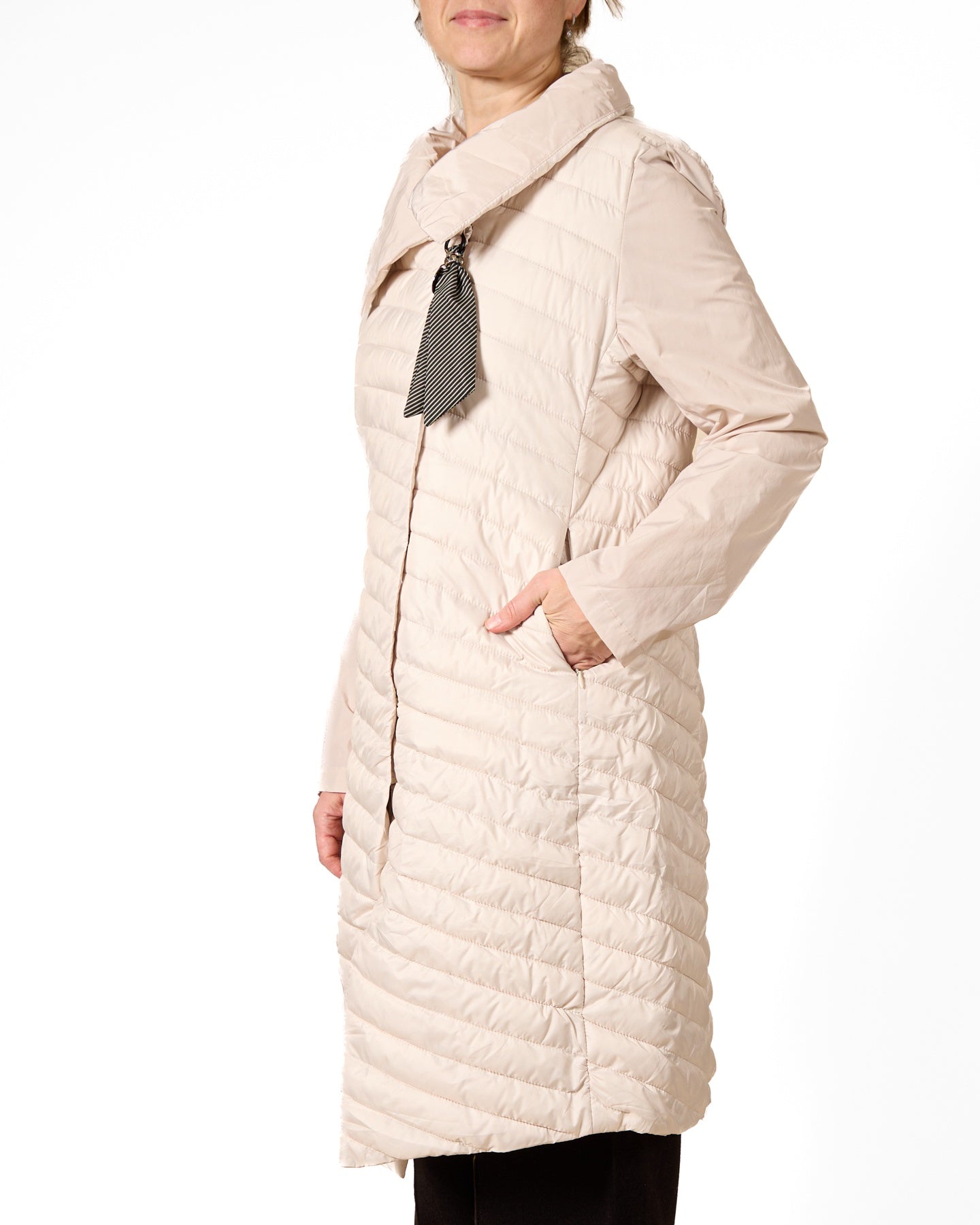 White Quilted Long Vest with Folded Collar and Tie Detail