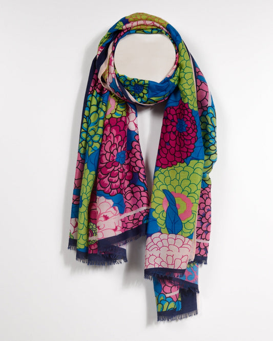 Écharpe à imprimé floral aux couleurs vives sur fond bleu marine profond