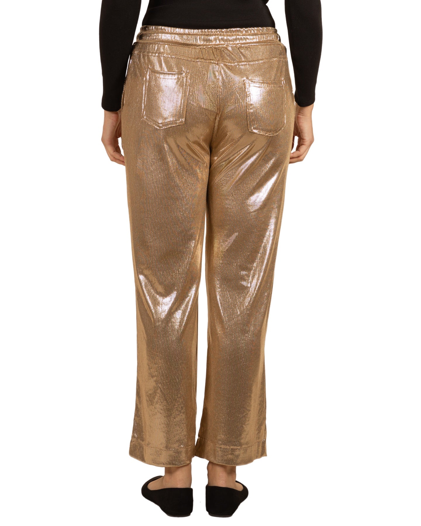 Gold Pull On Drawstring Lamé 4 Pocket Pant