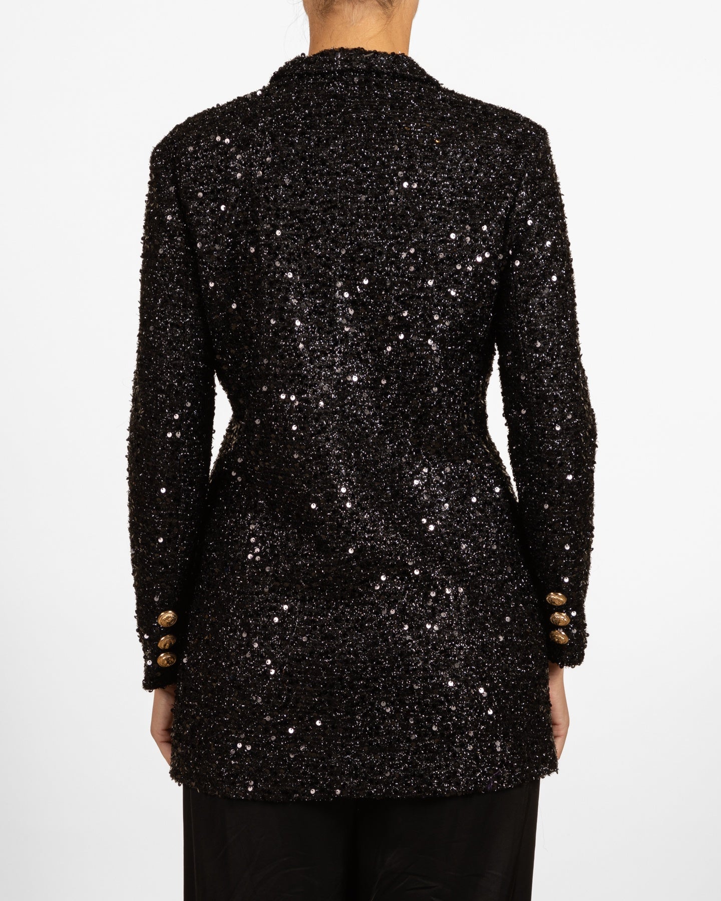 Black Double Breasted Sequin Jacket w/ Gold Buttons