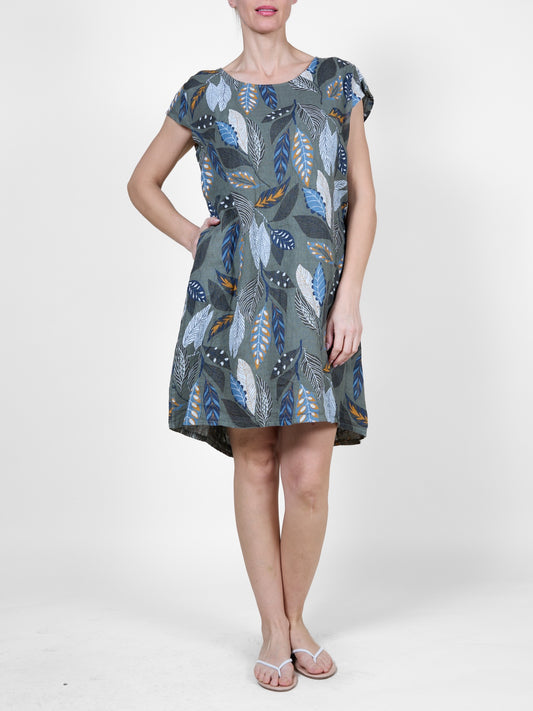 Palm Feather Print Dress with Cap Sleeves