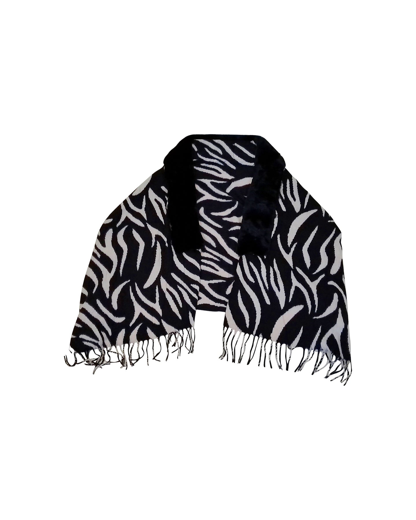 Zebra Pattern Cream Faux Fur-Trimmed Scarf