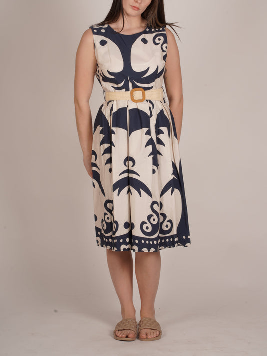 Midnight Tropical Print Sleeveless Dress with Belt