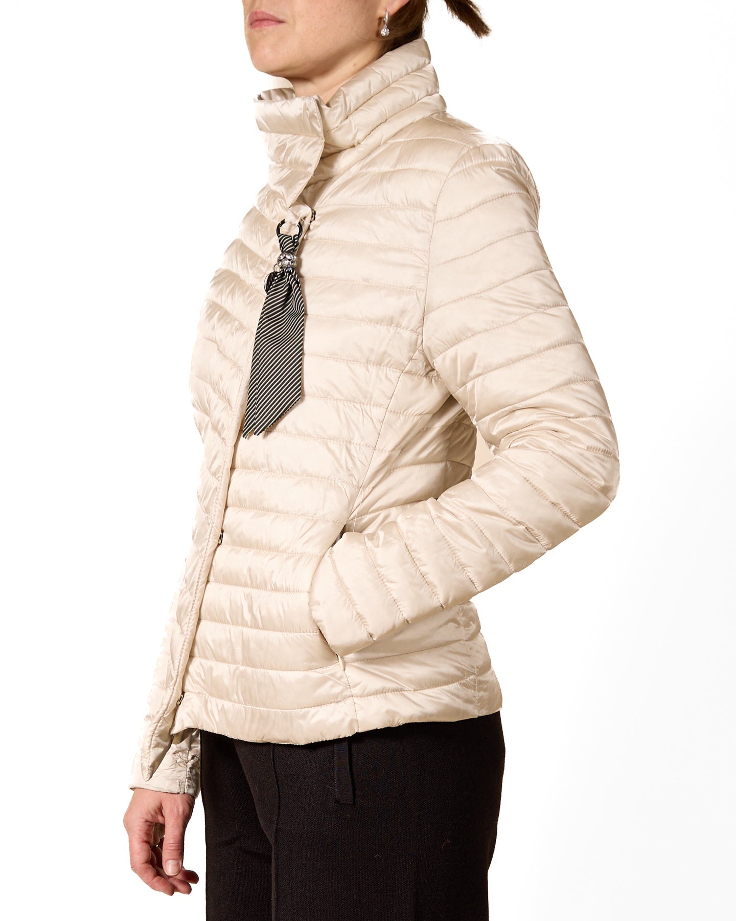 Champagne Quilted Button-Down Jacket with Tie Accent