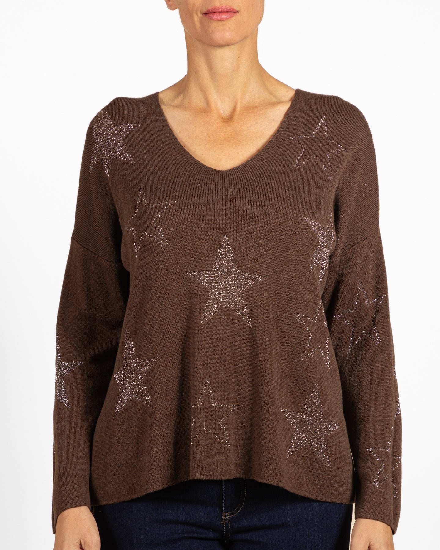 Espresso V NeckDrop Shoulder Allover Lurex Stars Pullover