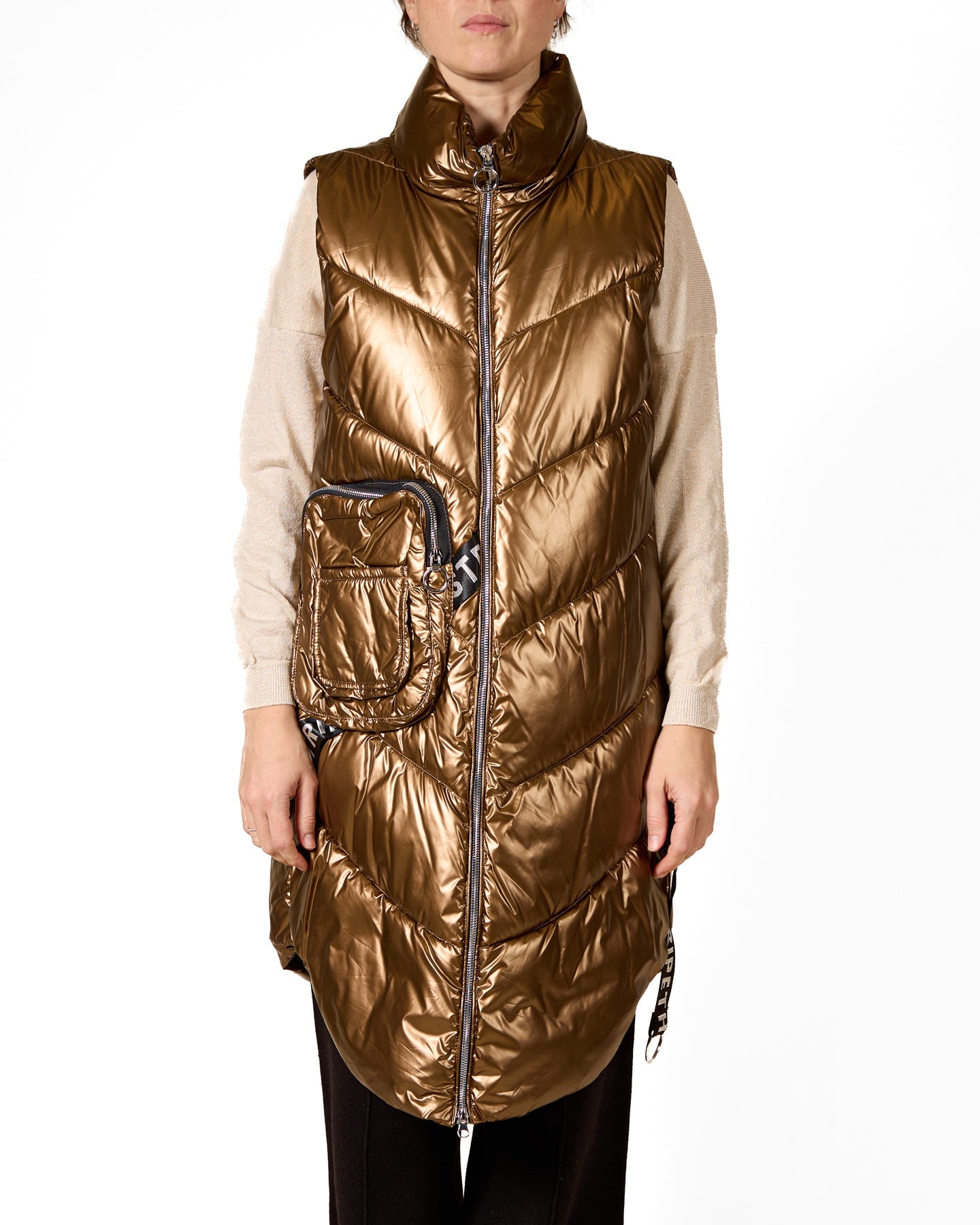 Bronze Hooded Long Puffer Vest with Front Pouch