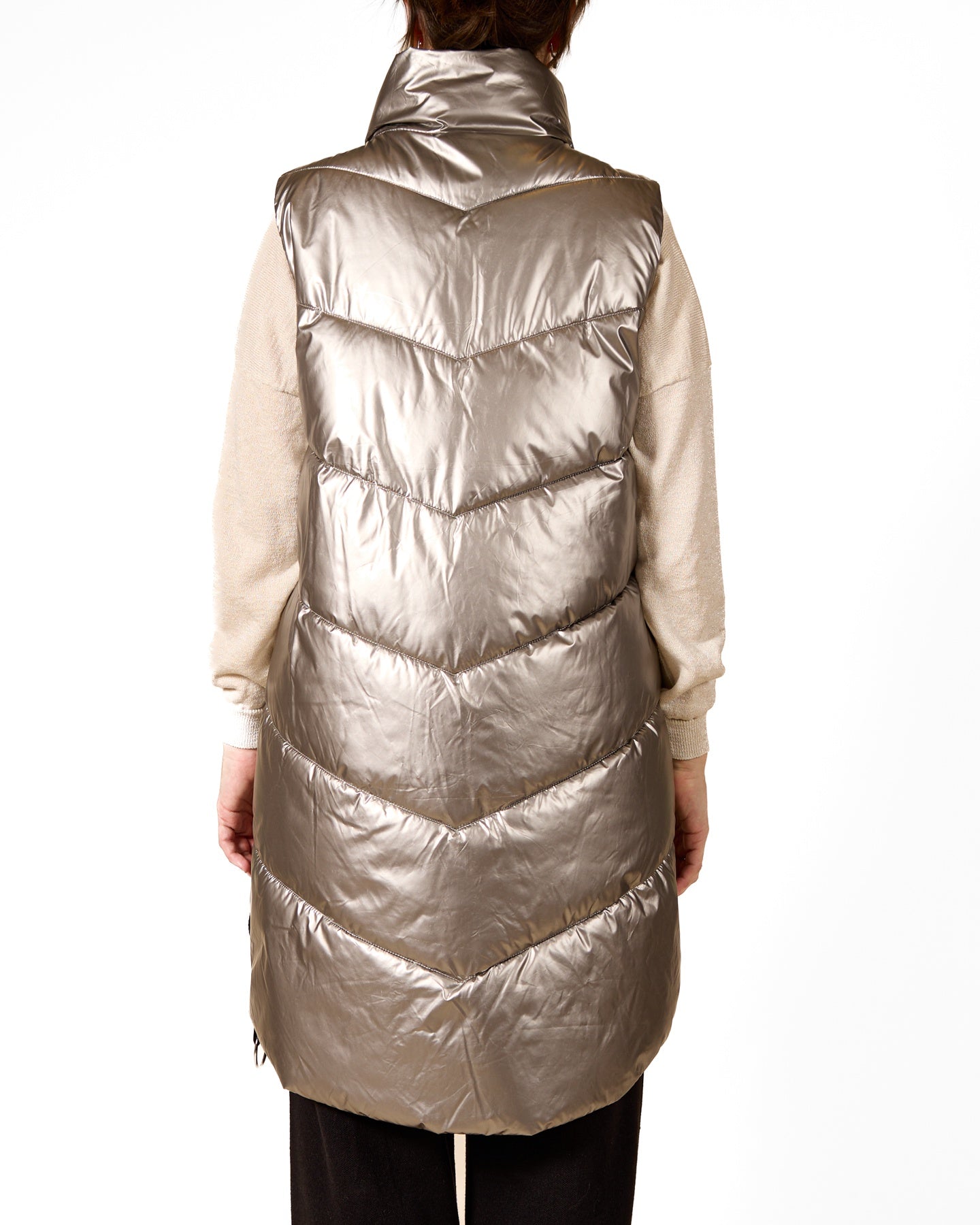 Silver Hooded Long Puffer Vest with Front Pouch